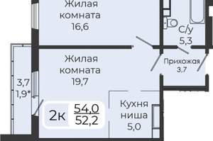 2-к квартира, вторичка, 54м2, 8/17 этаж