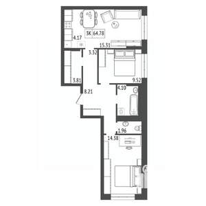 3-к квартира, строящийся дом, 65м2, 6/17 этаж