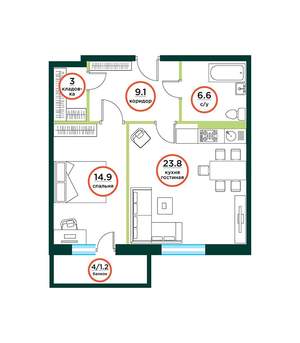 2-к квартира, строящийся дом, 59м2, 4/8 этаж
