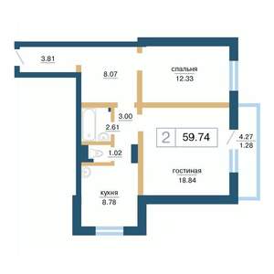 2-к квартира, вторичка, 60м2, 13/17 этаж