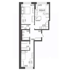 3-к квартира, строящийся дом, 67м2, 9/17 этаж