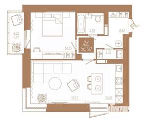 2-к квартира, строящийся дом, 56м2, 18/23 этаж