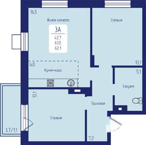 3-к квартира, строящийся дом, 62м2, 10/12 этаж