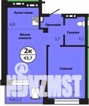 2-к квартира, строящийся дом, 44м2, 15/19 этаж