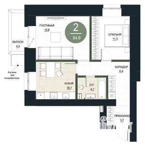 2-к квартира, строящийся дом, 55м2, 9/17 этаж
