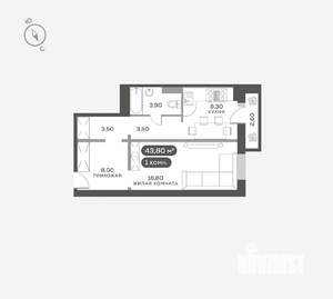 1-к квартира, вторичка, 44м2, 9/17 этаж