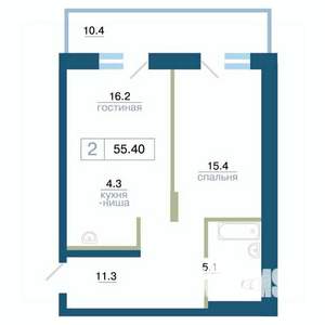 2-к квартира, строящийся дом, 55м2, 16/24 этаж