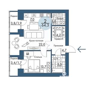 2-к квартира, строящийся дом, 64м2, 13/17 этаж