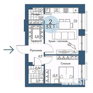 2-к квартира, строящийся дом, 53м2, 2/17 этаж