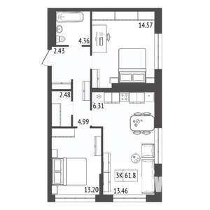 3-к квартира, вторичка, 62м2, 9/17 этаж