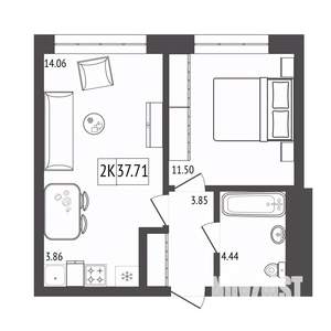 2-к квартира, строящийся дом, 38м2, 8/17 этаж