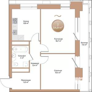 2-к квартира, строящийся дом, 55м2, 5/24 этаж