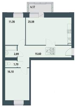 2-к квартира, вторичка, 74м2, 6/9 этаж