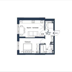 2-к квартира, строящийся дом, 44м2, 2/23 этаж