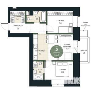 3-к квартира, строящийся дом, 60м2, 6/17 этаж