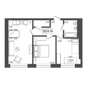 3-к квартира, строящийся дом, 55м2, 6/17 этаж