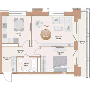 2-к квартира, строящийся дом, 58м2, 2/24 этаж