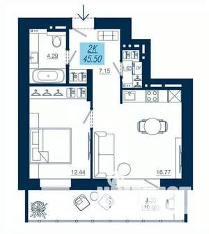 1-к квартира, строящийся дом, 46м2, 14/19 этаж