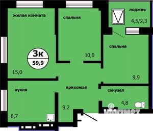 3-к квартира, строящийся дом, 59м2, 18/19 этаж