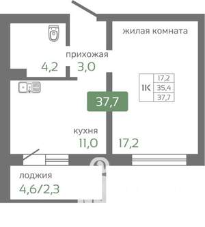 1-к квартира, вторичка, 38м2, 5/19 этаж