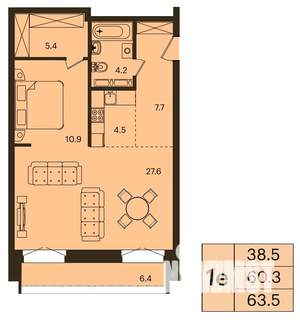1-к квартира, вторичка, 64м2, 14/16 этаж