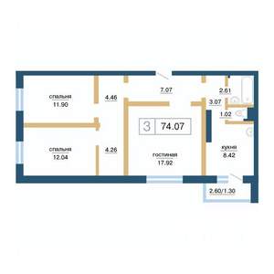 3-к квартира, строящийся дом, 74м2, 5/17 этаж