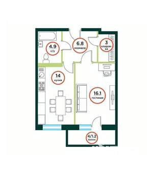 1-к квартира, строящийся дом, 47м2, 6/8 этаж