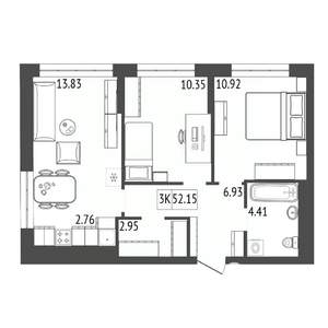 3-к квартира, строящийся дом, 52м2, 7/17 этаж