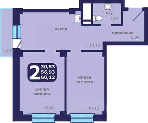 2-к квартира, строящийся дом, 60м2, 7/25 этаж