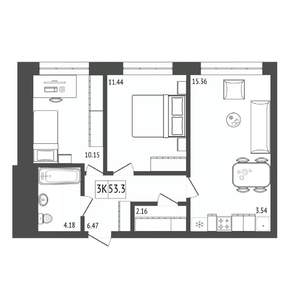 3-к квартира, строящийся дом, 53м2, 2/17 этаж