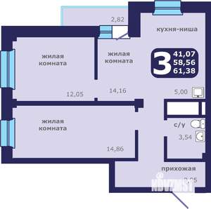 3-к квартира, строящийся дом, 61м2, 22/25 этаж