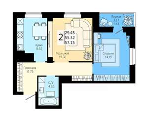 2-к квартира, вторичка, 57м2, 13/25 этаж