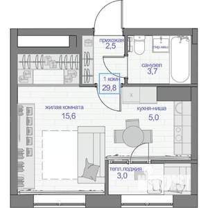 1-к квартира, вторичка, 30м2, 7/16 этаж