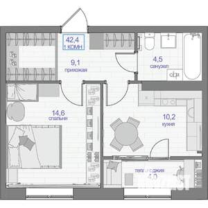 1-к квартира, вторичка, 42м2, 1/24 этаж