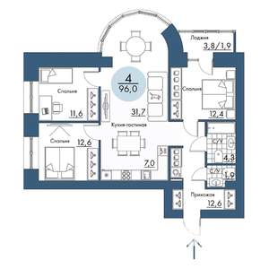 4-к квартира, строящийся дом, 96м2, 12/17 этаж