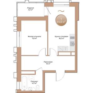 1-к квартира, строящийся дом, 45м2, 2/24 этаж