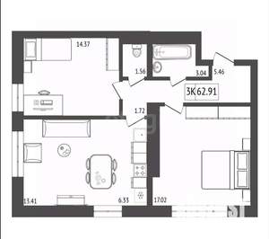 3-к квартира, вторичка, 63м2, 6/17 этаж