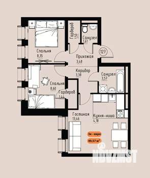 3-к квартира, вторичка, 50м2, 13/17 этаж