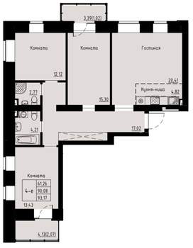 4-к квартира, строящийся дом, 93м2, 2/8 этаж