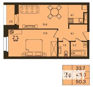 2-к квартира, строящийся дом, 50м2, 12/16 этаж