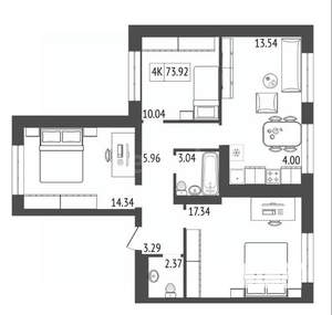 4-к квартира, строящийся дом, 74м2, 3/17 этаж