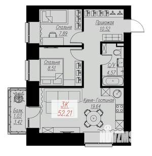 2-к квартира, строящийся дом, 52м2, 15/17 этаж