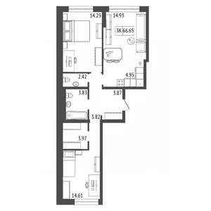 3-к квартира, вторичка, 67м2, 8/17 этаж