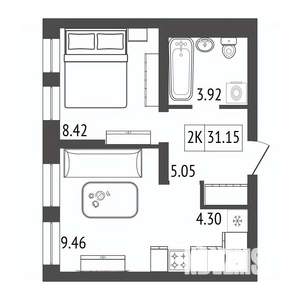 2-к квартира, строящийся дом, 31м2, 12/17 этаж