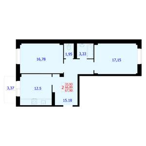 2-к квартира, вторичка, 68м2, 9/9 этаж