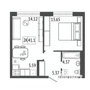 2-к квартира, строящийся дом, 41м2, 4/17 этаж