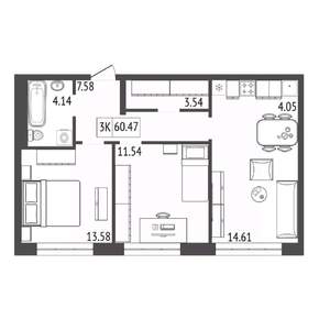 3-к квартира, строящийся дом, 60м2, 7/17 этаж