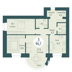 3-к квартира, строящийся дом, 96м2, 2/17 этаж
