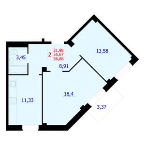 2-к квартира, вторичка, 57м2, 3/9 этаж