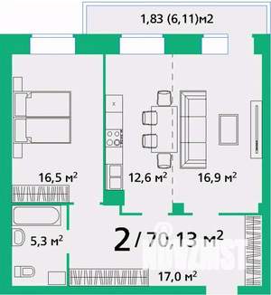 2-к квартира, вторичка, 70м2, 1/9 этаж